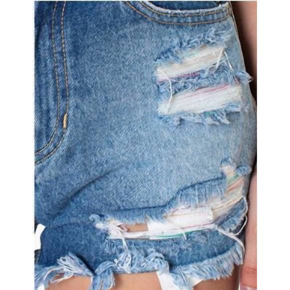 NEW KANCAN pastel thread distressed denim shorts in medium wash - Picture 6 of 7